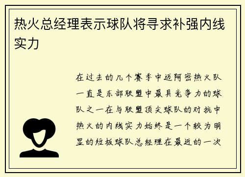 热火总经理表示球队将寻求补强内线实力