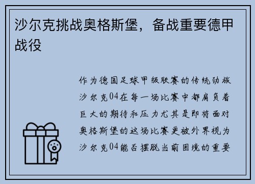 沙尔克挑战奥格斯堡，备战重要德甲战役
