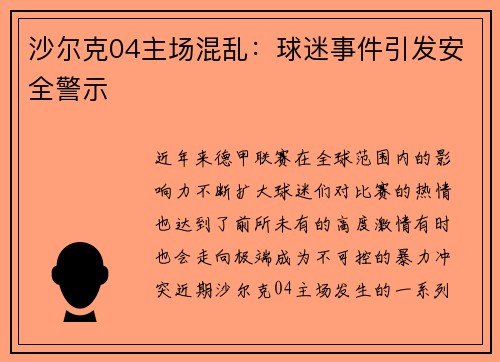 沙尔克04主场混乱：球迷事件引发安全警示