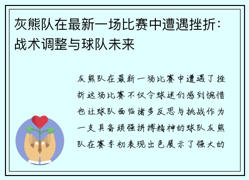 灰熊队在最新一场比赛中遭遇挫折：战术调整与球队未来